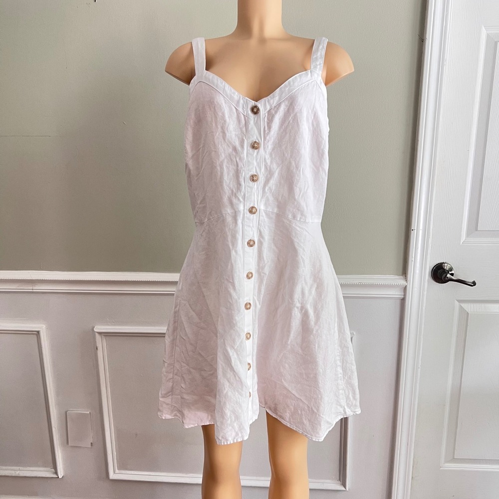 LOFT Button Front Dress Sundress Womens 10 Linen Blend White‎ Coastal Summer